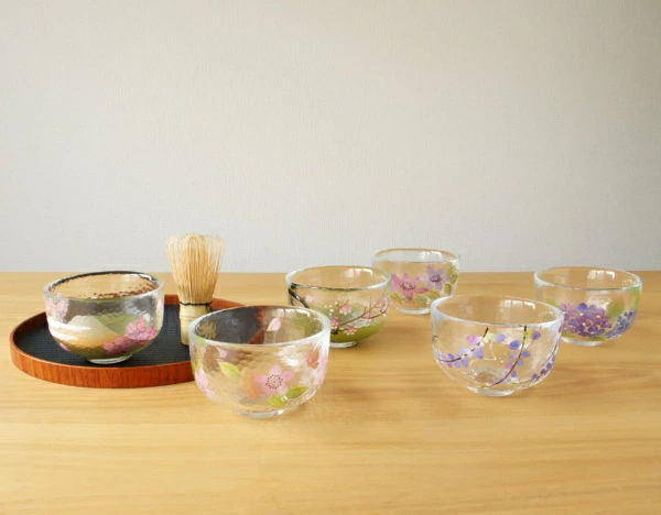 藍花 江戶硝子手繪花卉抹茶碗|富士櫻・梅・櫻・藤・鐵線蓮・紫陽花|日本製