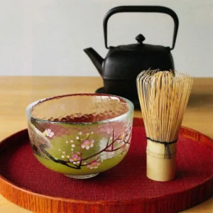 日本製 藍花 江戶硝子手繪花卉抹茶碗|梅