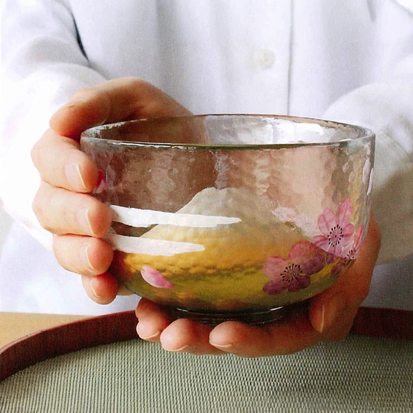 日本製 藍花 江戶硝子手繪花卉抹茶碗|富士櫻