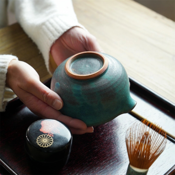 日本製 益子燒 復古土耳其藍片口抹茶碗