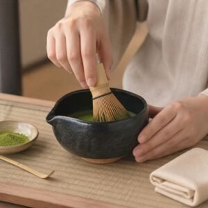 日本製 美濃燒 黑釉櫛雕片口抹茶碗