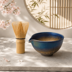 日本製 美濃燒 藍煌金彩片口抹茶碗茶筅套裝 | 2件套裝
